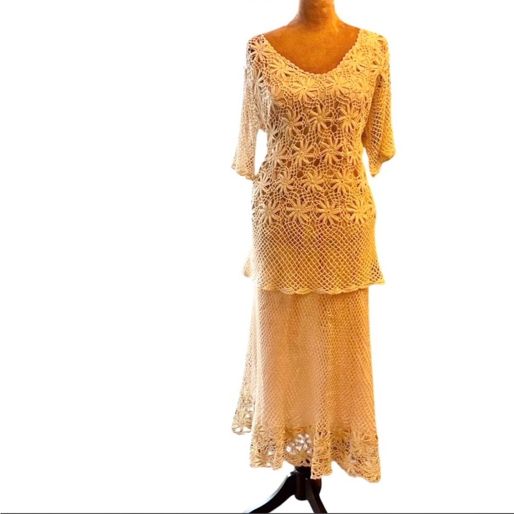 Vintage 1970s 2 Piece Crochet Skirt Set Size Large Boho Hippie Retro Cottagecore